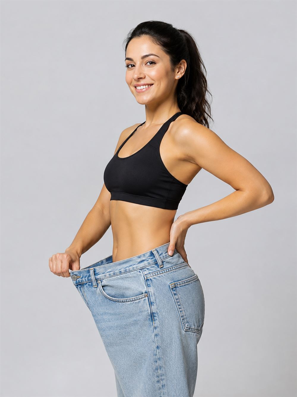 Mulher segurando uma calça jeans que ficou larga