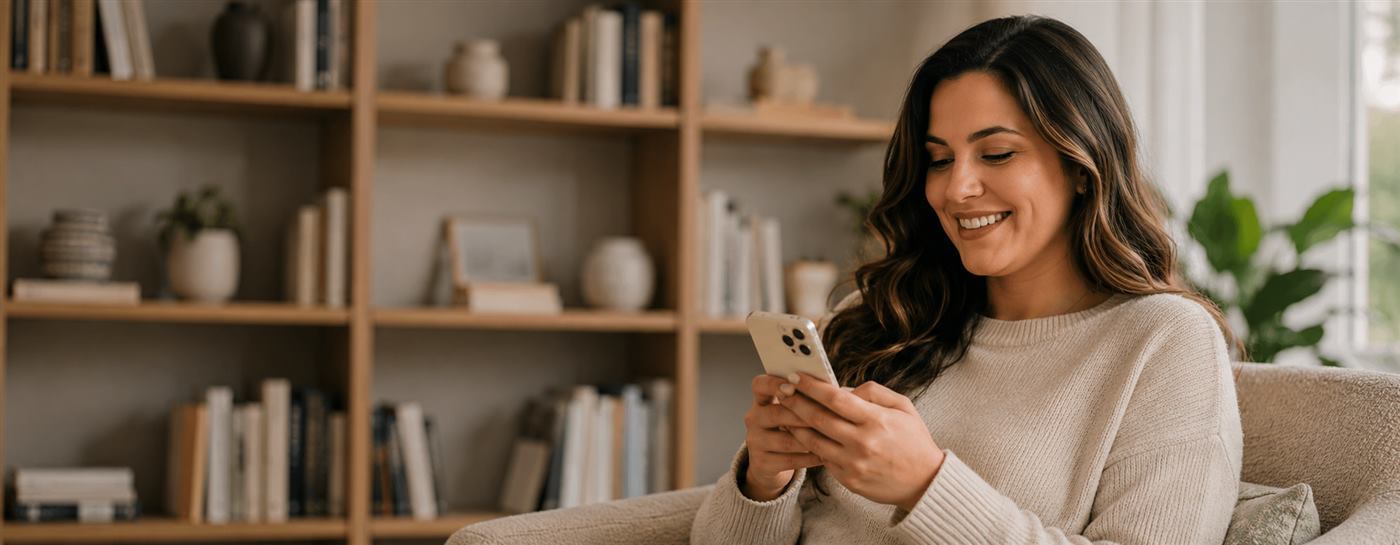 Mulher sorrindo enquanto conversa pelo celular